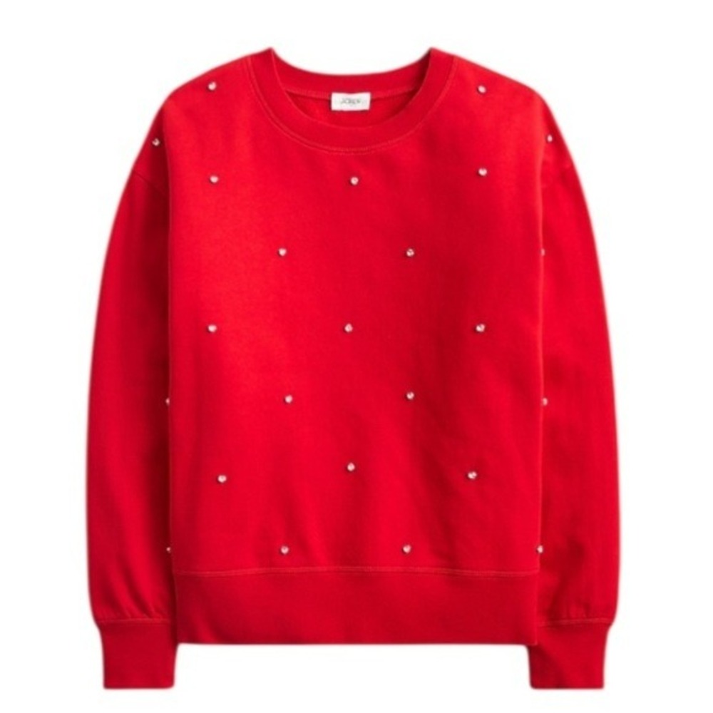 J.Crew Sweatshirt Gem Embellished S Red Holiday Rhinestone Crewneck CO297